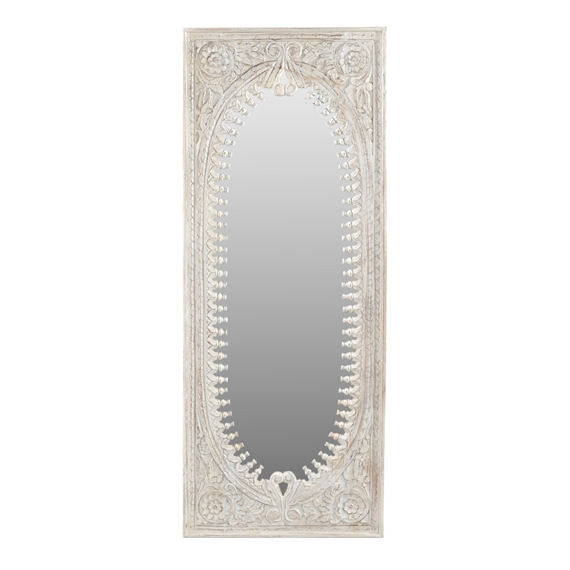 Kiara Mirror In Distressed White Finished Traditional Handcarved Solid Wood