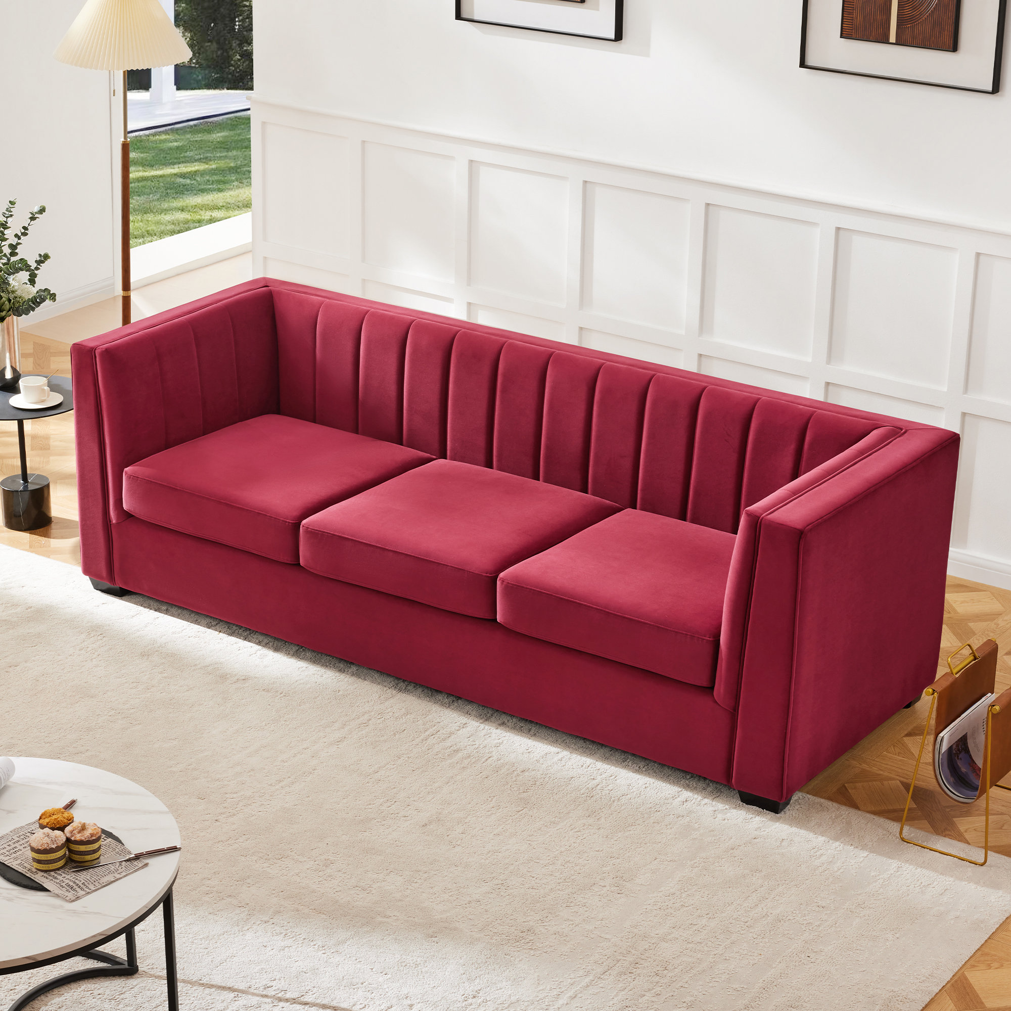 Allard Velvet Living Room Sofa, Burgundy Chenille