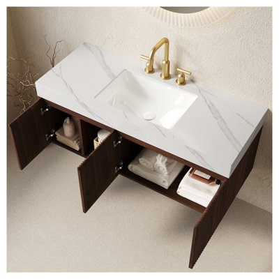 Meuble-lavabo suspendu EIDEN 48 po avec comptoir en pierre frittée, lavabo en céramique et armoire en bois de noyer