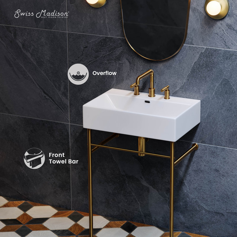 Claire 24" Console Sink White Basin Chrome Legs With 8" Widespread Holes, White/Gold
