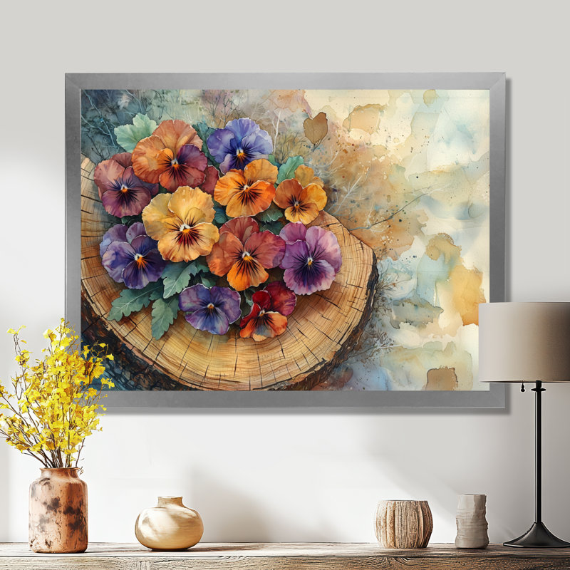 Graminées d'été, fleurs sur un plateau en bois diapositive IV - Pensées, art mural, Reproduction encadrée d'une seule photo