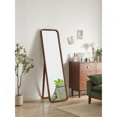 Full Length Mirror, Solid Beech Wood Frame Floor Mirror, Freestanding Mirror with Stand, Large Body Mirror for Bedroom Living Room Dressing Room, Walnut Finish
