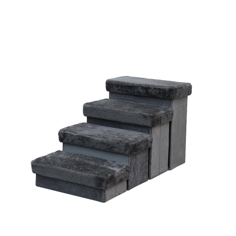 Charcoal Plush 4-Level Pet Stairs with Storage