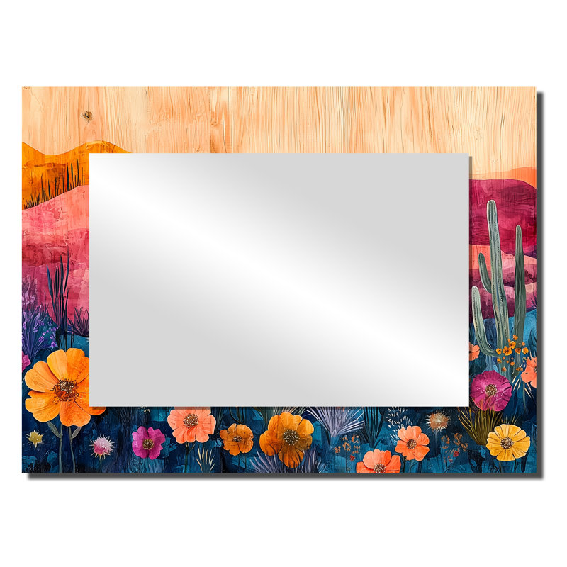 Fleurs sauvages et jardin de cactus au désert II - Miroir floral pour décoration murale - imprimé sur métal, 24 po x 32 po