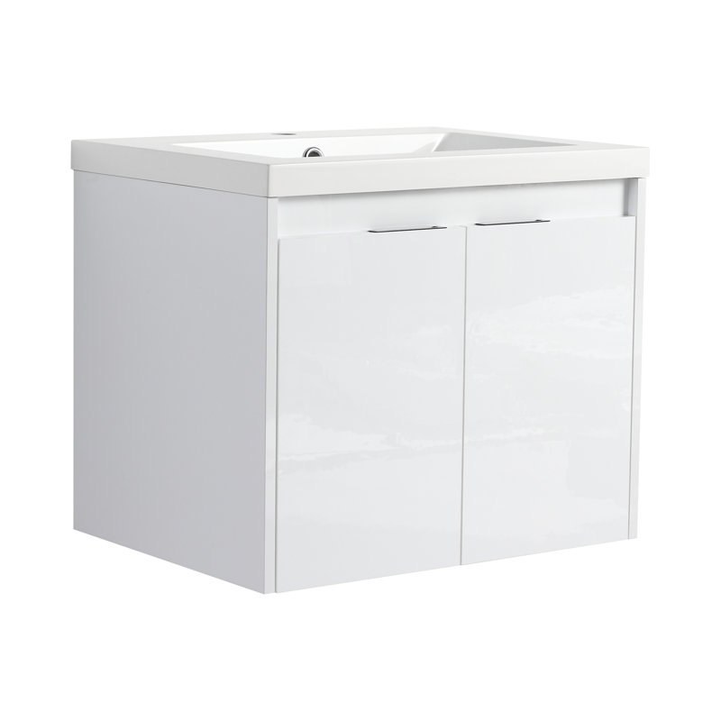 Meuble-lavabo 24 po avec lavabo en résine, 2 portes à fermeture douce, montage flottant, blanc brillant - contreplaqué