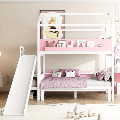 House-Shaped Wooden Bunk Bed with Slide & Storage Staircase, Twin Over Twin/Full Kids Bed Frame, White+Pink