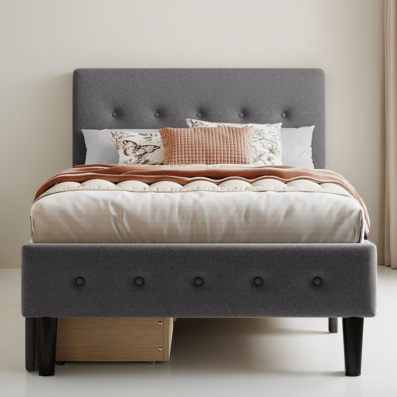Structure de lit simple tapissier avec 2 tiroirs, Gris