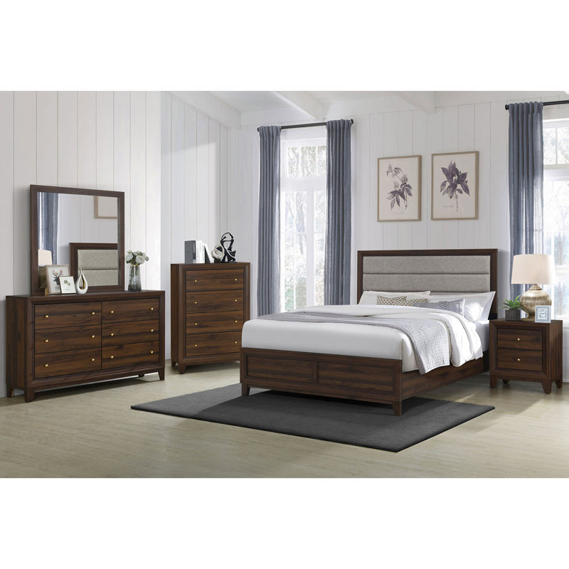 Mobilier de chambre à coucher grand lit, ton noyer, tête de lit rembourrée en mousse confortable et tiroir de rangement