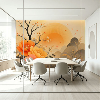 Décoration murale adhésive grand format, idéale pour les familles et les locataires : motif floral élégant de pêchers en fleurs au coucher du soleil, détails de branches orange, sans résidus, amovible, résistant à l'huile et aux taches. Parfait pour la cuisine, le salon, la chambre ou la chambre d'enfant.