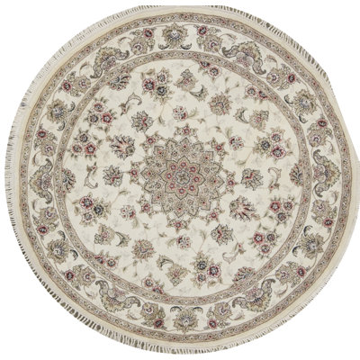 Hand-Knotted High-Quality Ivory and Red Round Area Rug