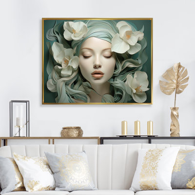 Femme verte et blanche avec une fleur sur le visage I - art mural mode