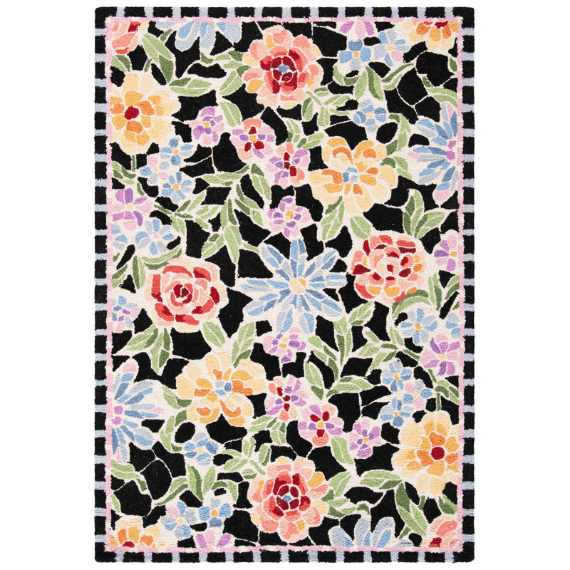 Hollander Floral Hand Hooked Wool Black Area Rug, Rectangle 9' x 12'