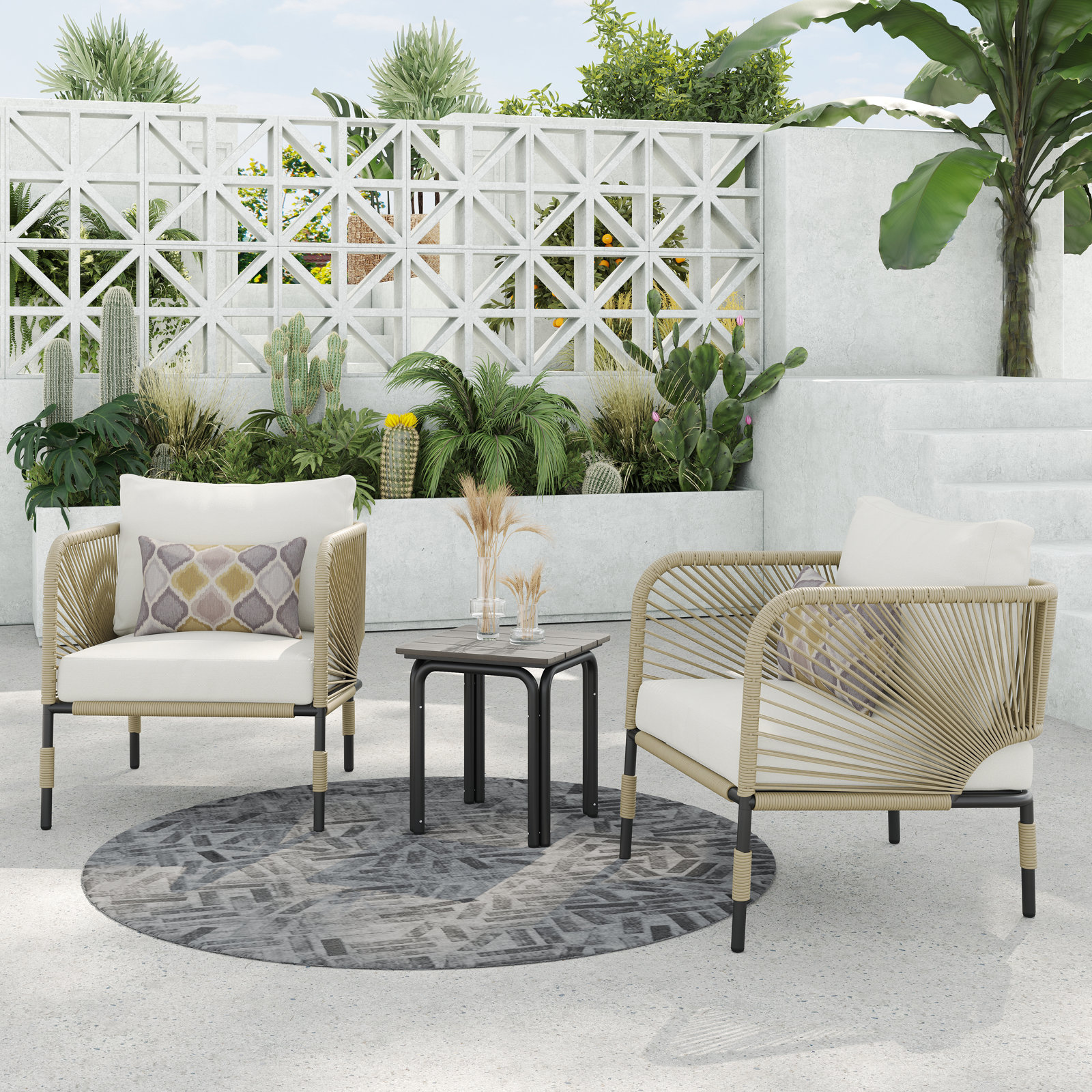 Acklin 300 - Person Patio Conversation Set with Cushions, White, Khaki