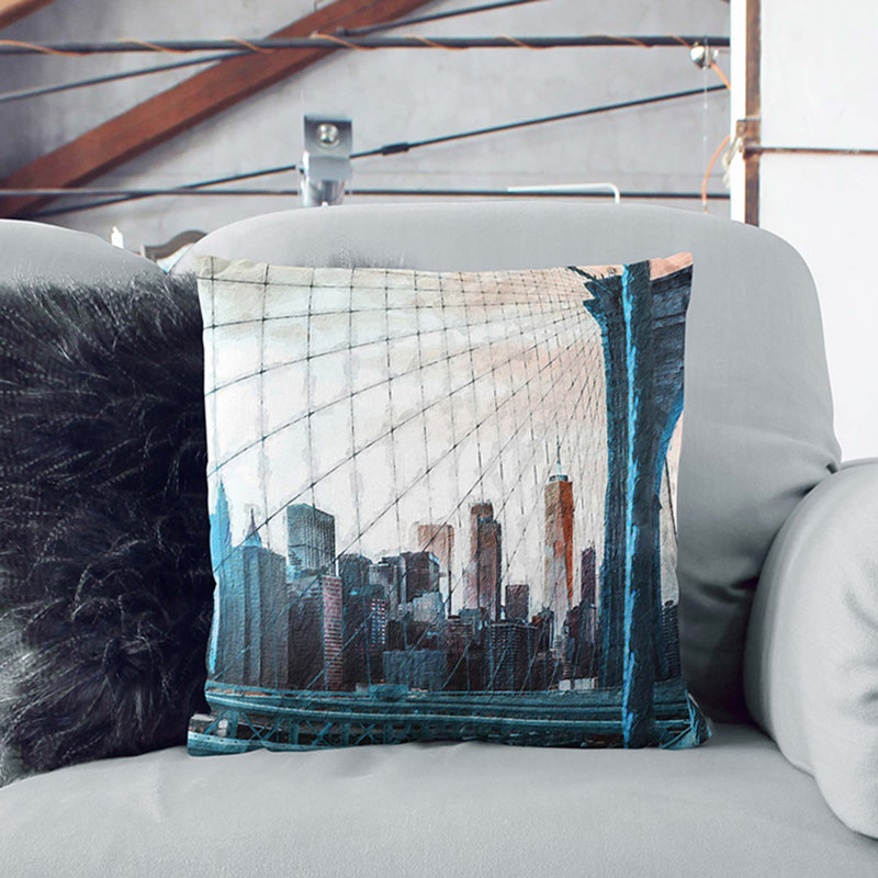 Brooklyn Bridge And New York Skyline Square Throw Cushion, Black, 55cm H x 55cm W x 20cm D