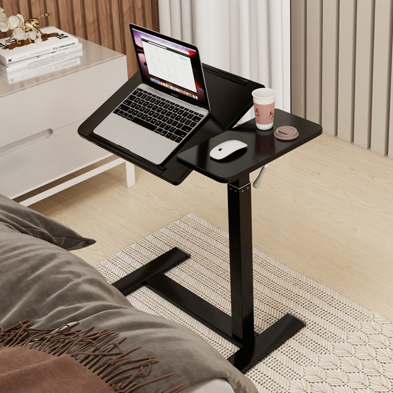 18.7" Adjustable Pneumatic Overbed Table with Wheels Split Top Tilting Bedside Bed Table, Black