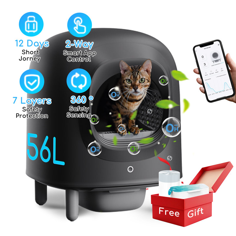 Self Cleaning Cat Litter Box, App Control, Safety Protection, Automatic Smart Robot Litter Box For Multiple Cats, With Garbage Bags&Plastic Air Filter, Black& White