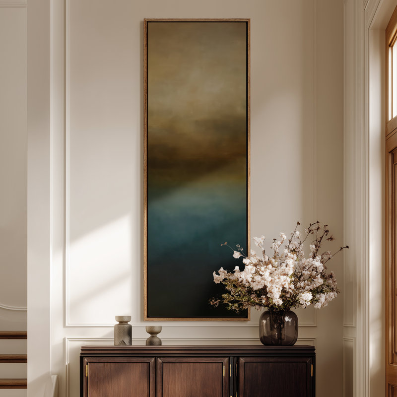 Grand art mural encadré sur toile - brume, tons de terre abstraits et sarcelle, horizon brumeux, 60 po x 20 po, Naturel