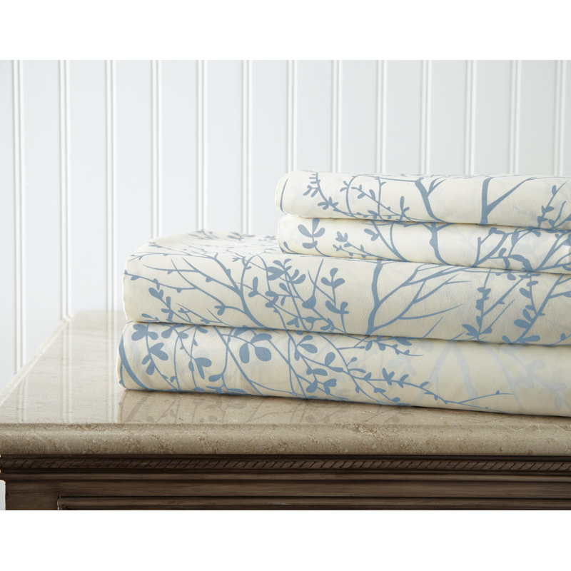 Microfiber Floral Sheet Set, Queen Sheet Set + 1 Fitted Sheet + 2 Pillowcases, White/Light Blue