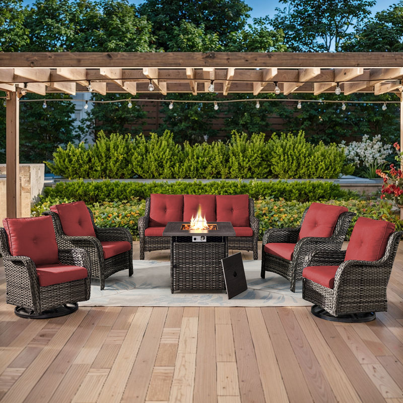Schutt 7 - Person Outdoor Wicker/Rattan Seating Group with Fire pit and Cushions, Red, Gray