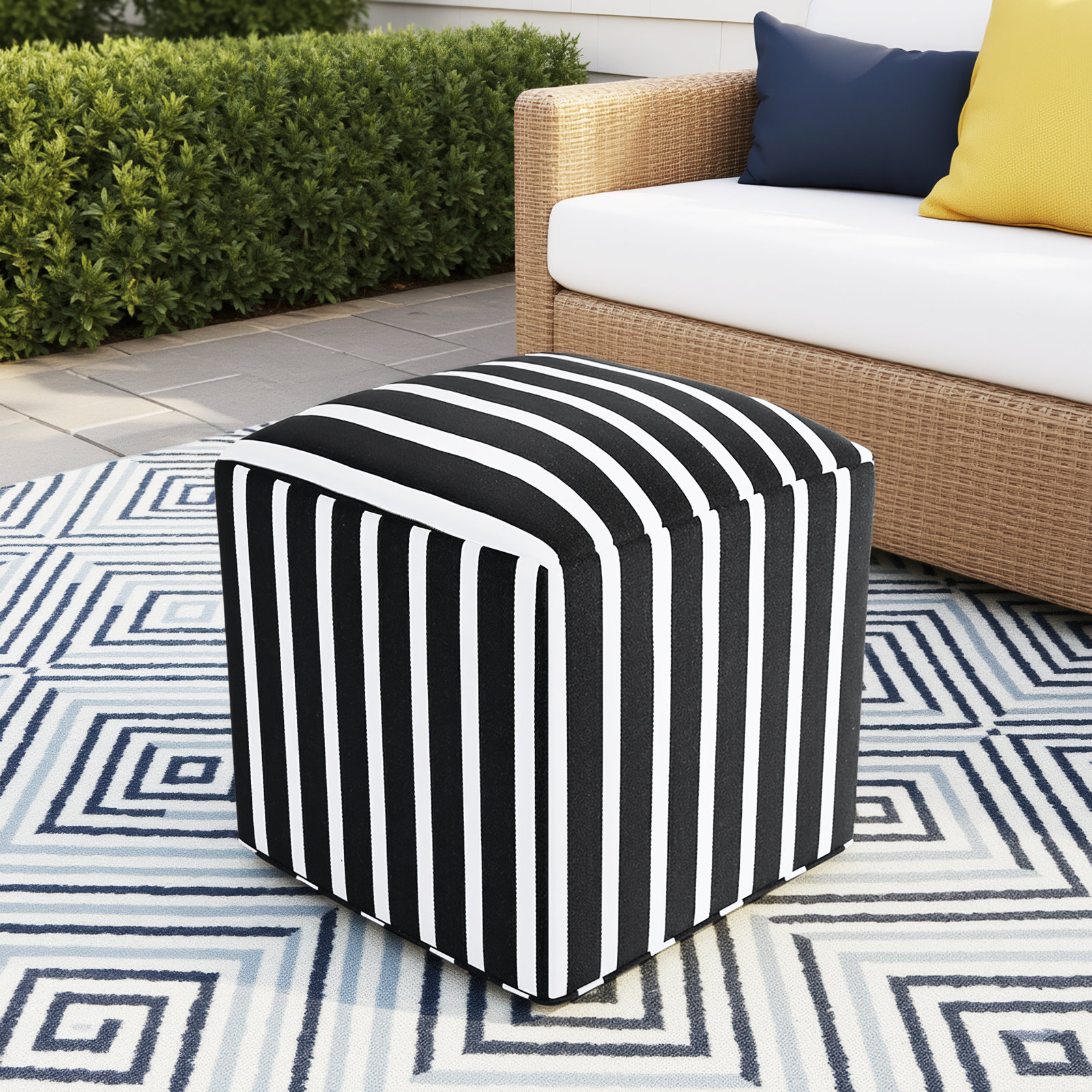 Eliana 18" Sunbrella® Patio Ottoman, Sunbrella Shore Classic, 18"H x 22"W x 22"D