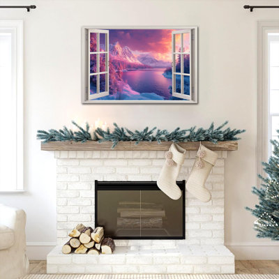 Grande toile d'hiver, vue de fenêtre, impressions de paysage enneigé, forêt de Noël coucher de soleil, œuvre d'art murale encadrée, affiche encadrée pour salon, chambre, bureau, 32 po x 48 po