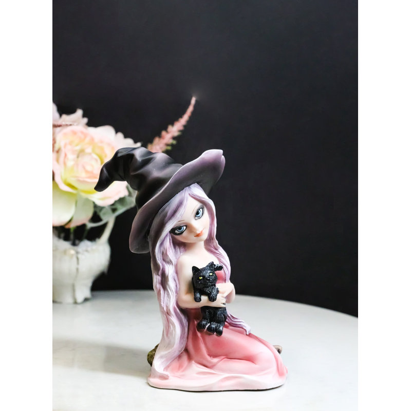 Figurine gothique de belle sorcière en robe rose et chapeau magique tenant un chat noir