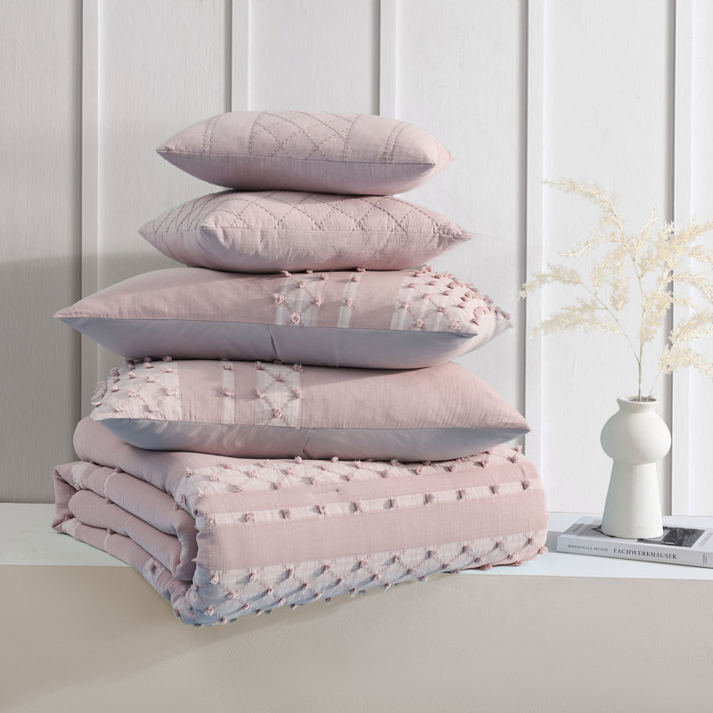 Swift Home 100% Cotton 5-Piece Honeycomb Smocking Pom Pom Jacquard Comforter Set - 2 Decorative Pillows Included - All-Seasonal Warmth, Durable, Easy Care