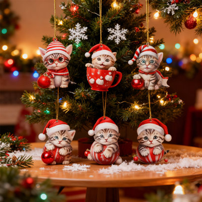 6 pièces d'ornement animal de Noël, ornements de petit chat de Noël, décoration de Noël à motif de chat mignon, ornements suspendus en acrylique pour les cadeaux des Fêtes