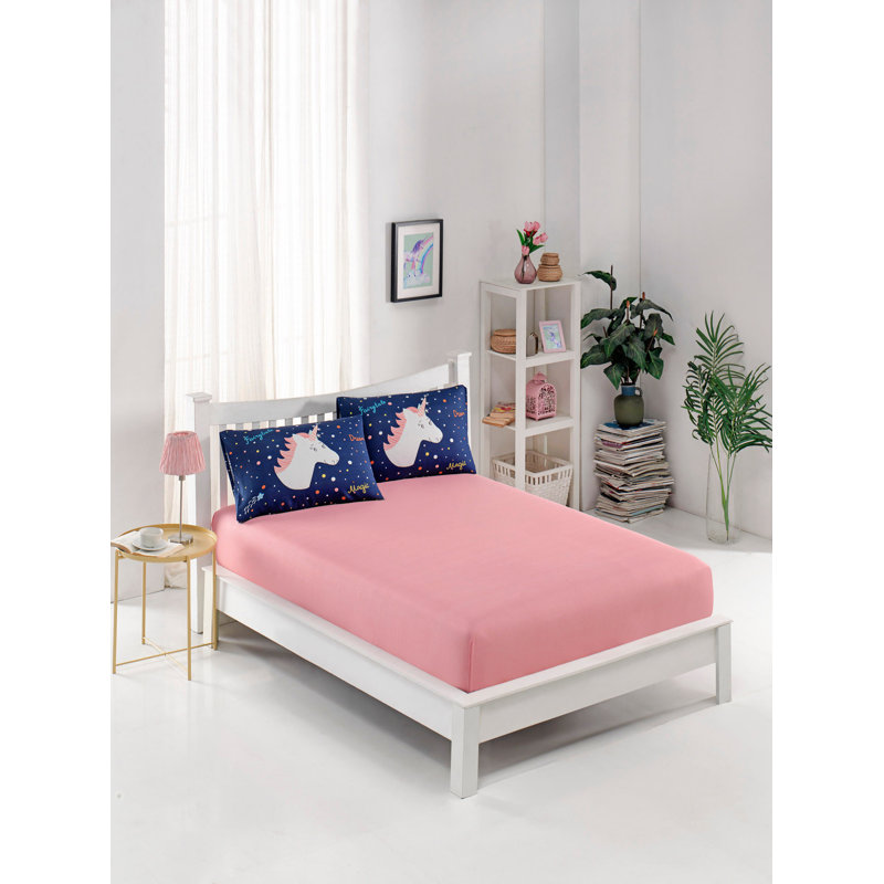 Premium Single Sheet Set, Dark Blue & Pink, 39 x 79 Fitted Sheet & 19.7 x 27.6 Pillowcase | 65% Cotton, 35% Polyester, 120 Thread Count | Machine Washable, Envelope Closure, Soft and Durable for Comfort