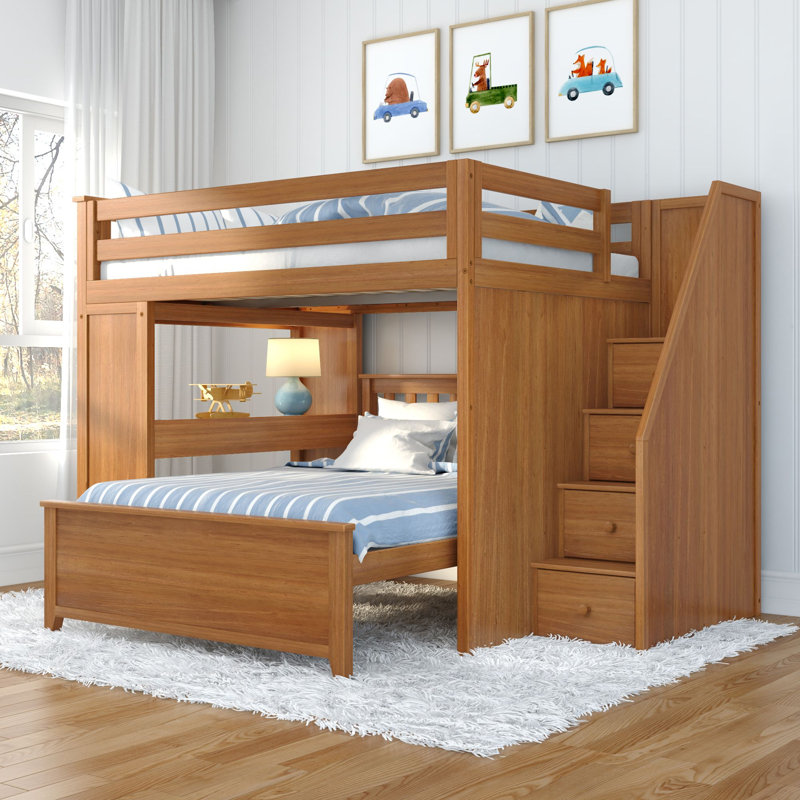 Haner Full Over Full 4 Drawer Solid Wood L-Shaped Bunk Beds with Built-in-Desk, Pecan