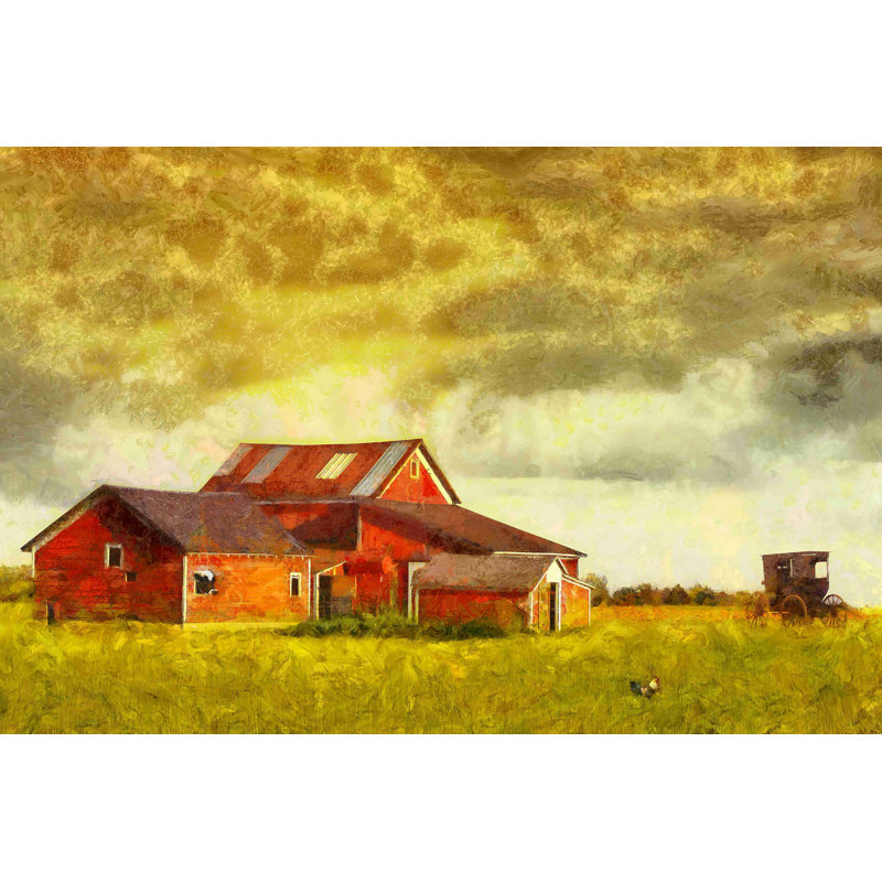 Peinte grange rouge dans un champ jaune - reproduction d'art sur toile tendue, H 32 po x l 48 po
