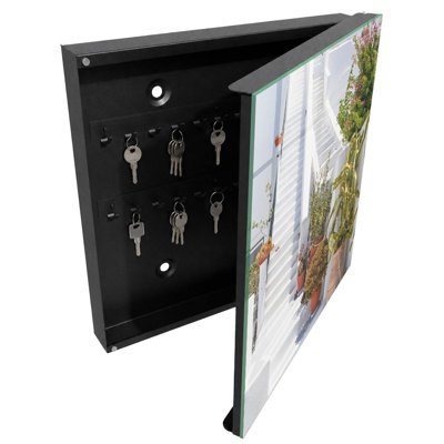 Key cabinet for home, Opens to the right, 30x30x5, White, White stairs surrounded by potted plants, 