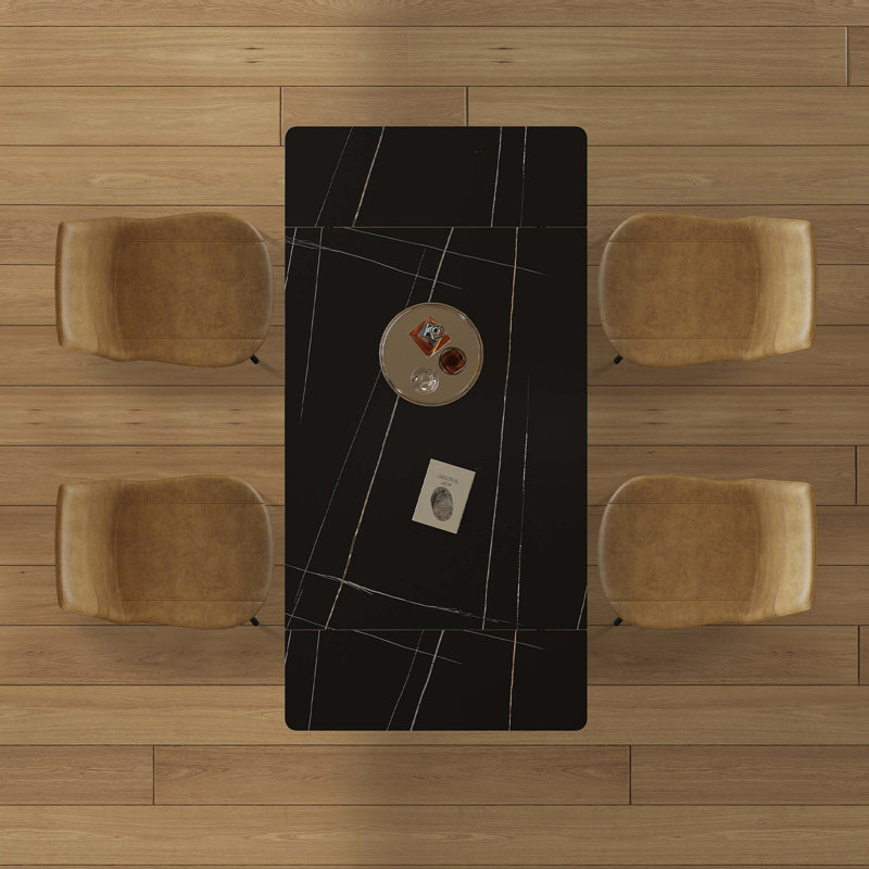 Ensemble de table de salle à manger rétractable en pierre frittée, de conception rectangulaire moderne, avec des pieds de table en acier au carbone et une structure à pieds croisés au bas (table + 4 chaises)