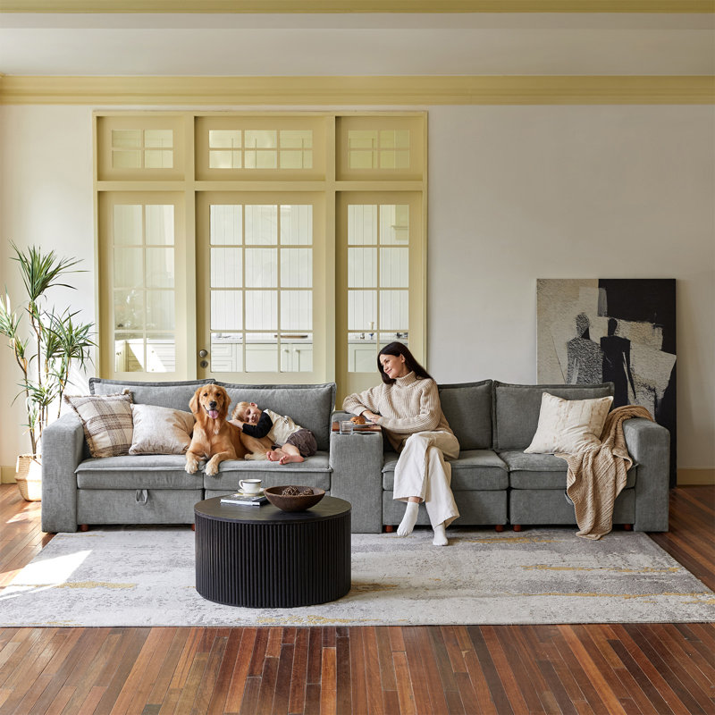 Bessette 148“ Modern Storage Sectional Sofa With Charging Station And Middle Storage Compartment, Gray