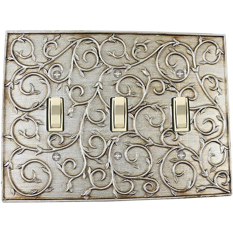 Plaque murale d'interrupteur à bascule French Scroll 3-Gang, Argent vieilli