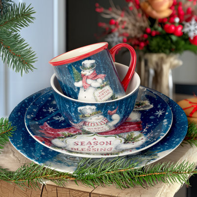 Snowman Greetings 16pc Ceramic Dinnerware Set 4 Dinner 4 Dessert Plates 4 Mugs 4 Ice Cream Bowls