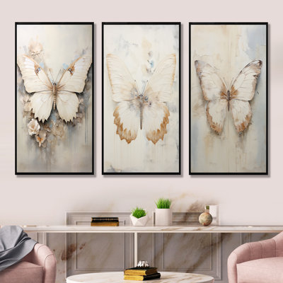 3 Pieces on Canvas - Minimalism Beige Butterfly