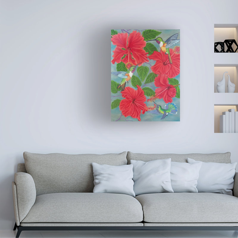 «Three Hummingbirds and Hibiscus Flowers» par Sofya Mikeworth - impression sur toile tendue, H 19 po x l 14 po x P 2 po