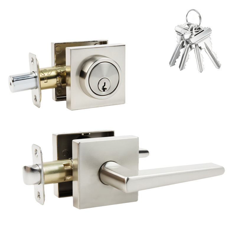 Ensemble de poignée de porte et de pêne dormant à serrure de porte avant, bouton de porte extérieur carré robuste avec pêne dormant, nickel brossé, paquet de 1