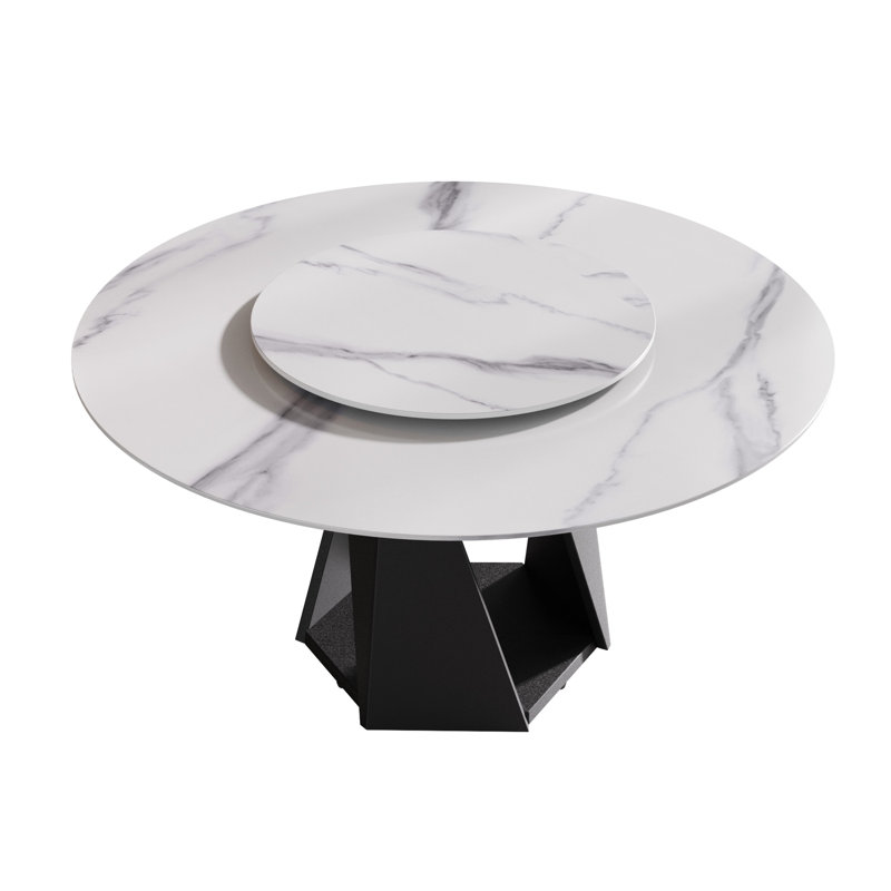 Table de salle à manger ronde de 57,5 po avec base en fer robuste, pouvant accueillir de 6 à 8 po, table tournante en pierre frittée blanche de 31,5 po, table de feu et moderne, sièges noirs de 6 à 8 po, faible perméabilité à l'eau, entretien facile