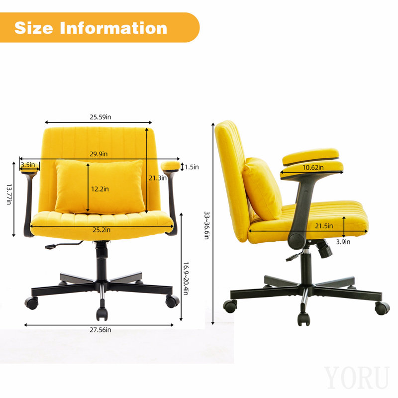 Chaise de bureau jaune avec accoudoirs croisés en lin jaune avec roulettes - ergonomique pour le bureau personnel, le travail et les études
