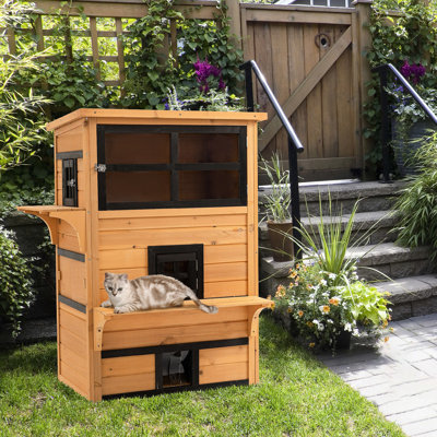 Outdoor Cat House : 3-story With Raised Floor, Asphalt Roof, Escape Doors, Jumping Platforms, Golden Yellow , House, Yellow, Good Ventilation