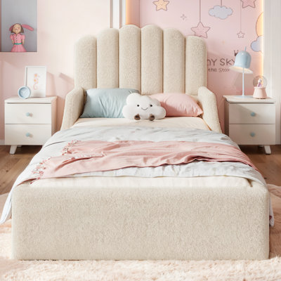 Twin Size Teddy Fabric Upholstered Floor Bed, Low Profile Kids Bed Frame with Scalloped Headboard.Beige