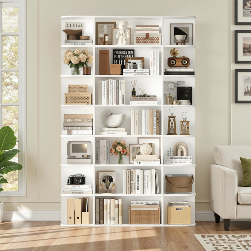 84.7"H X 47.2"W 7-Tier Standard Wood Curved Storage Bookcase, White