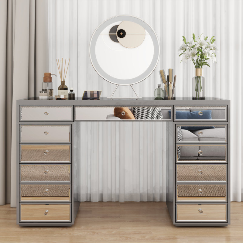 Ninian Vanity Dressing Table with 13-Drawers Glass top 130cm Wide, Gray/Silver