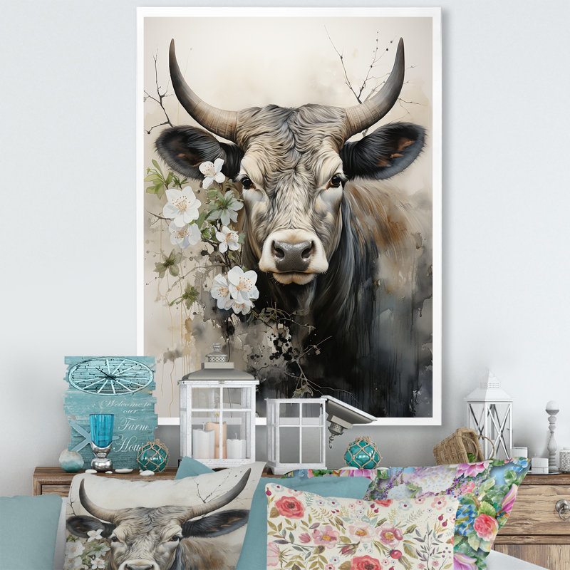 Baylian, art asiatique, vache Sumi X, H 44 po x l 34 po x P 1,5 po, Cadre photo blanc