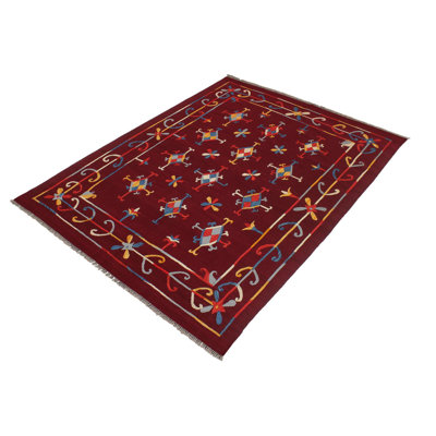 Tapis géométrique rouge / bleu en laine noué à la main à motif géométrique 5 pi 8 po x 7 pi 4 po Cedorah