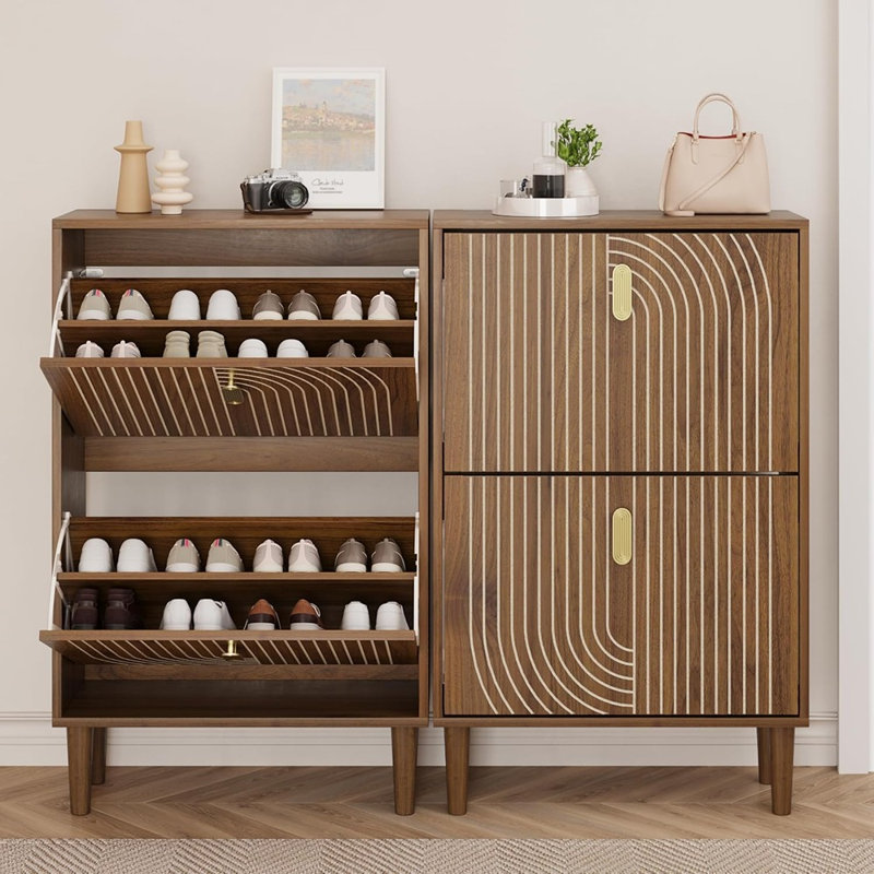 Hidden Shoe Storage Cabinet With 2 Flip Drawers, Line Groove Design, Freestanding Shoe Organizer For Entryway, Hallway, Walnut/