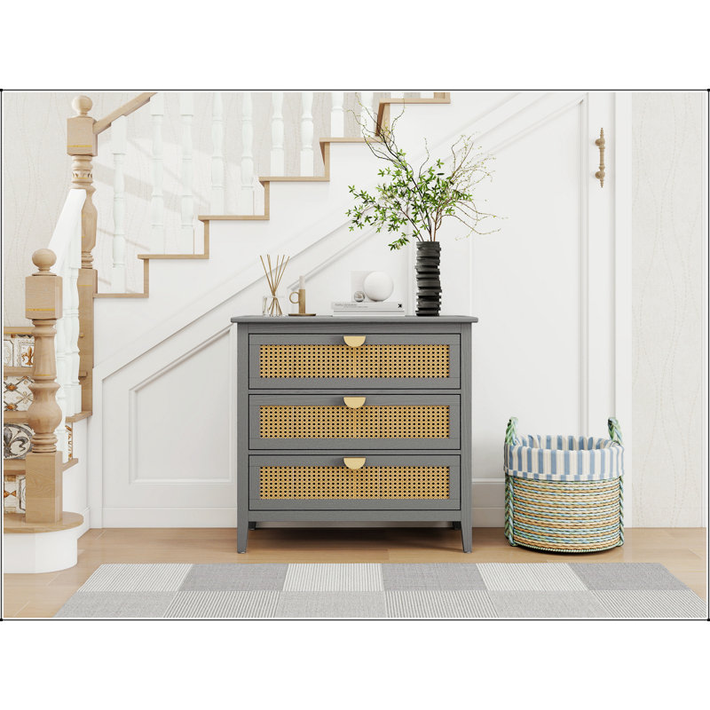 Durable Natural Rattan 3-Drawer Cabinet,  For Bedroom And Living Room Storage Solutions., Gray