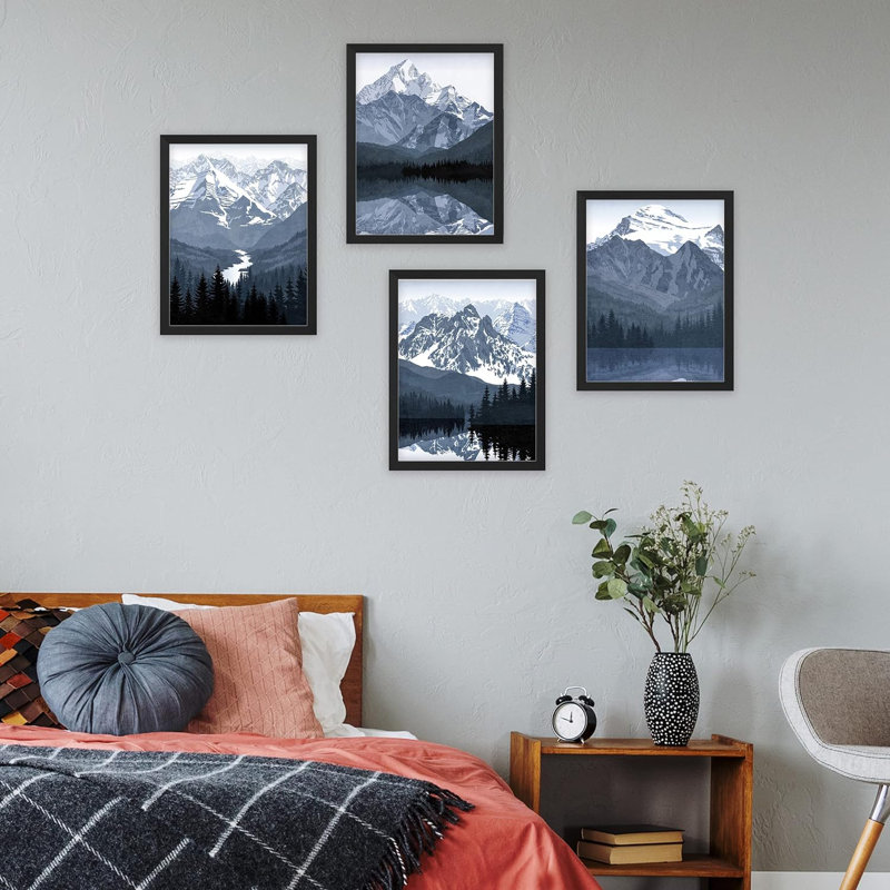 «Snowy Winter Forest Mountain», impression sur papier 4 pièces, Noir, H 14 po x l 11 po x P 1 po